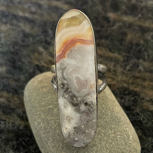 Navajo Kathleen & Veronica Scott Long Lace Agate Sterling Ring Heavy 10g - Picture 1 of 11